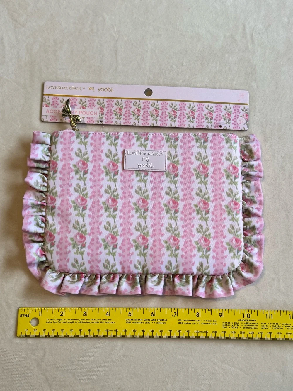 LoveShackFancy Floral Ruffle Accessory Pouch in Pink and Green